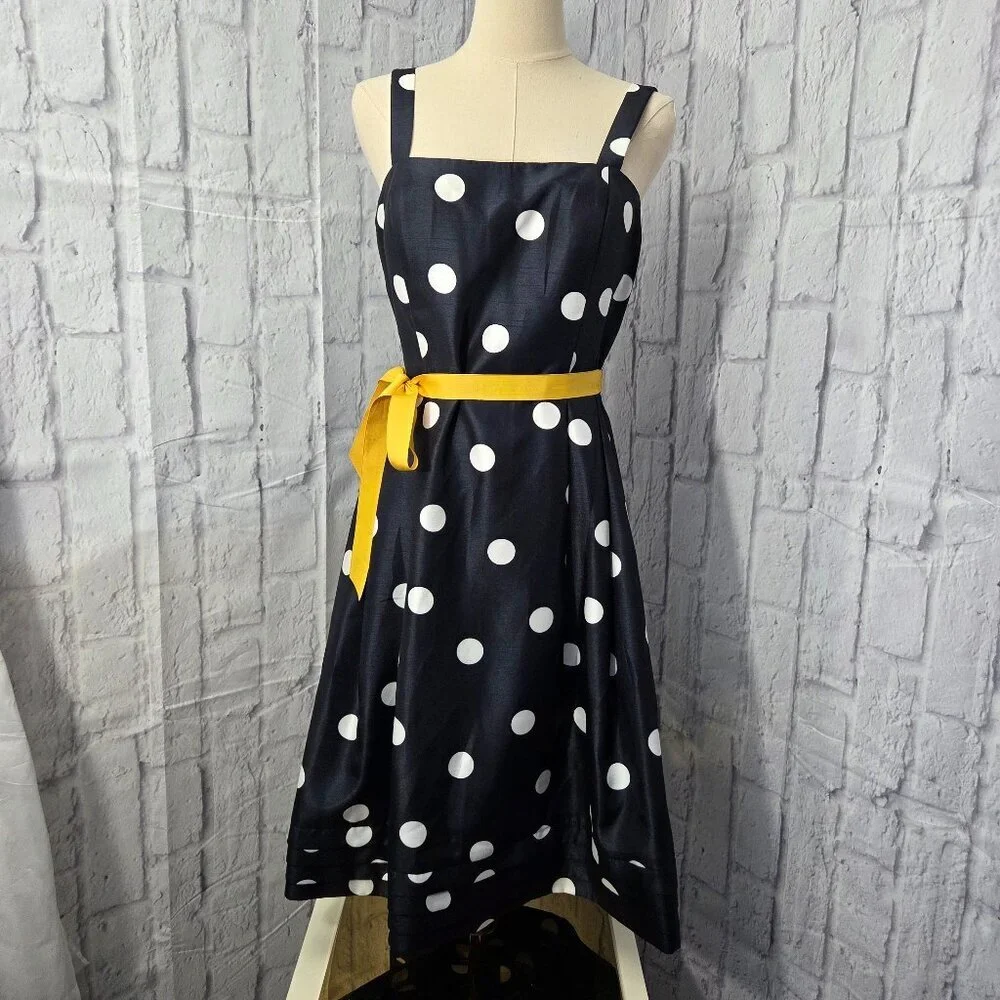 Jessica Howard Size 6 Navy White Polka Dot Yellow Bow Retro Sleeveless Dress